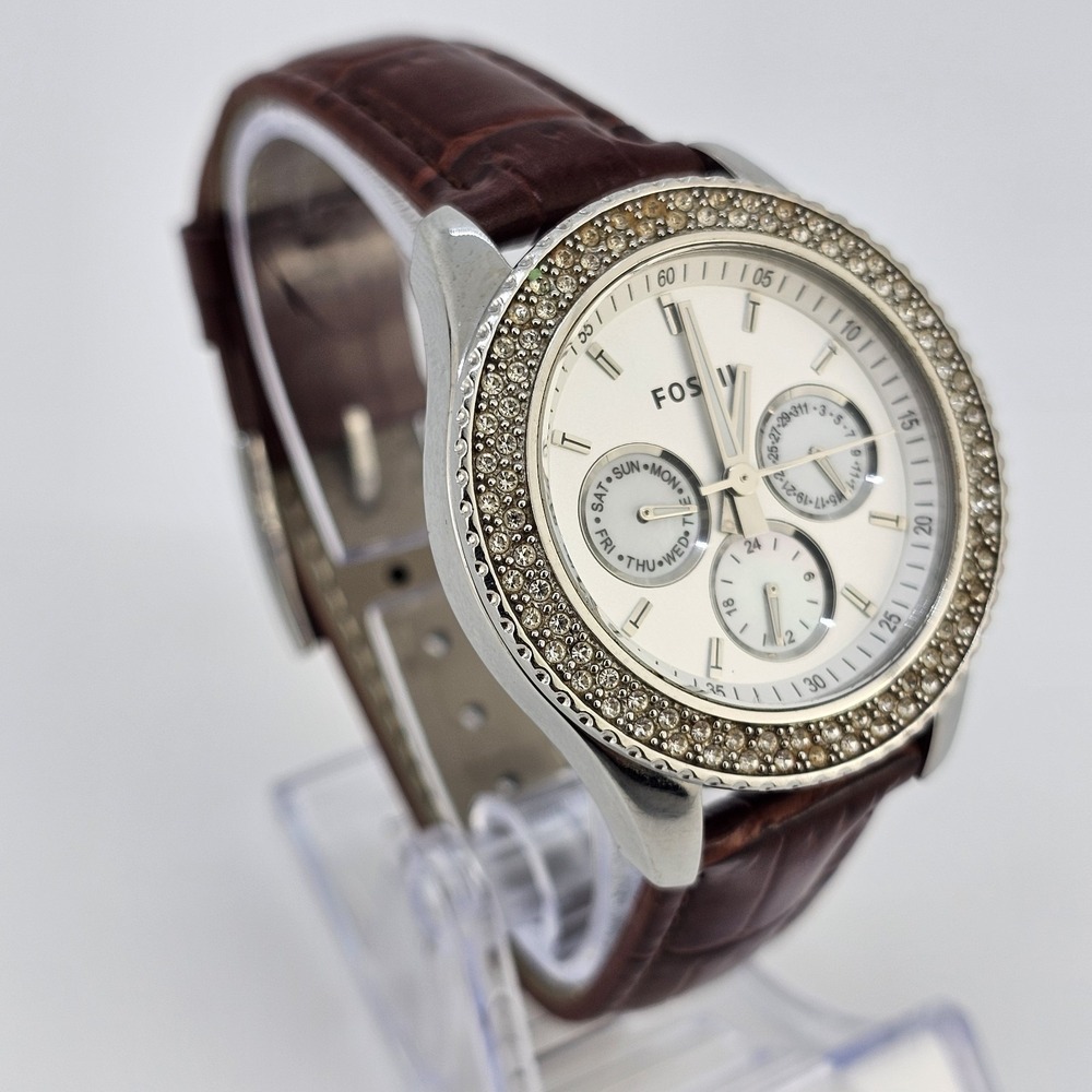 Fossil Women's Watch 38MM White Dial DayDate NEW Brown Leather Bands NEW Battery - Picture 4 of 14
